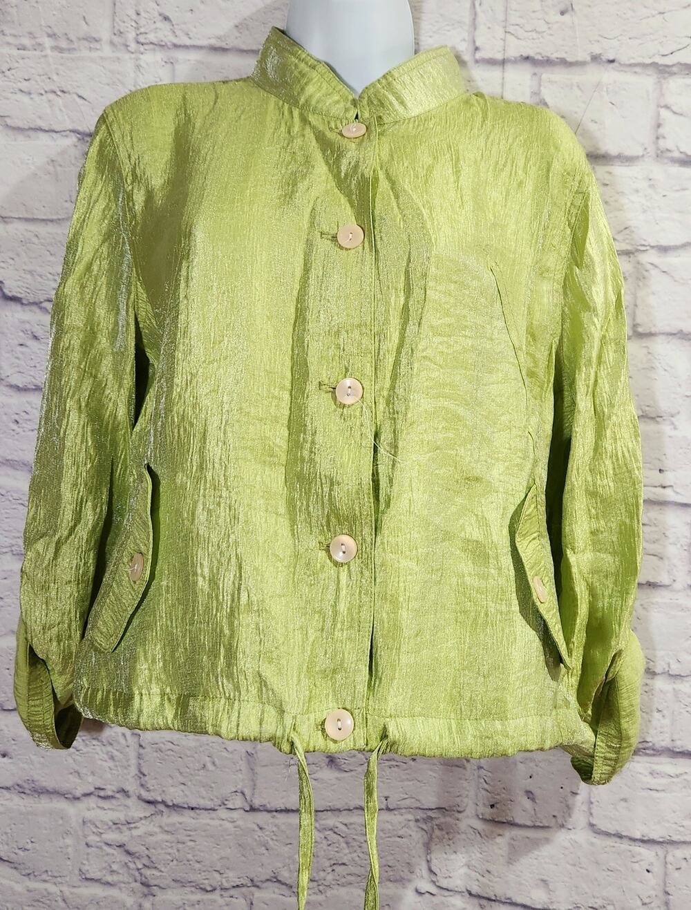 Linear Lime Green Shiny Material Button Up Blazer PL Lightweight Roll Tab Sleeve